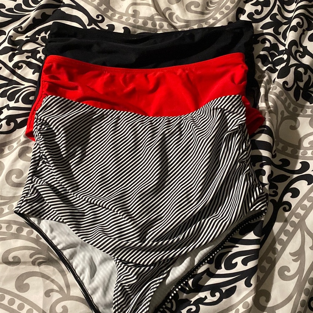 3 High-Waisted Bikini Bottoms in Striped, Black, and Red